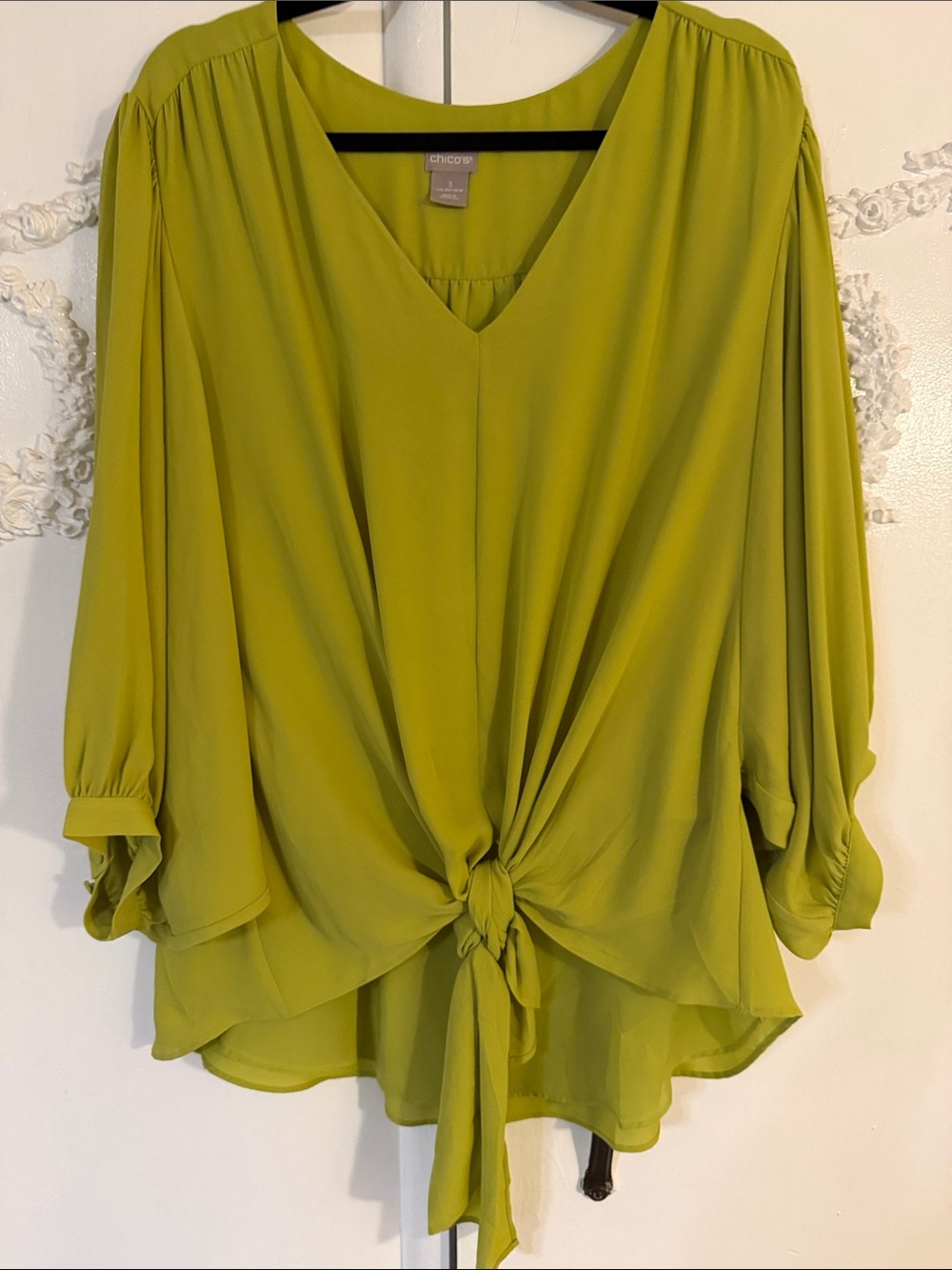 Chico's Chartreuse V-Neck Tie-Front Blouse SZ 3. 16-18